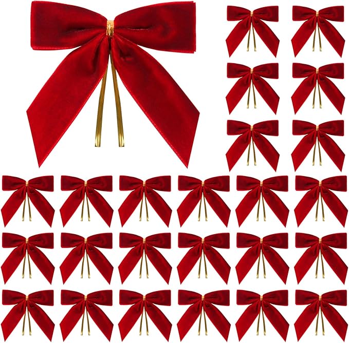 24 Pcs Red Small Velvet Christmas Bows for Christmas Tree, Wreath, Gift Wrapping, Crafts, Wedding, Party, Twist Tie Bows for Treat Bag Bakery Candy Bags, Home Decor 1" W,3.5 x 3.5 inch