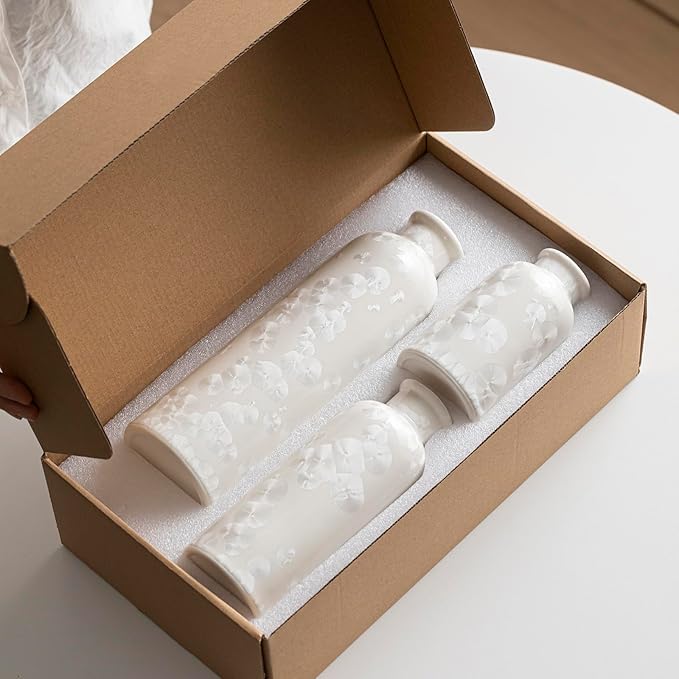 Modern Ceramic Vase Set of 3, White Crystalline Glaze Colors, Decorative Bottles for Home, Farmhouse Rustic Decor (Crystalline Glaze White)