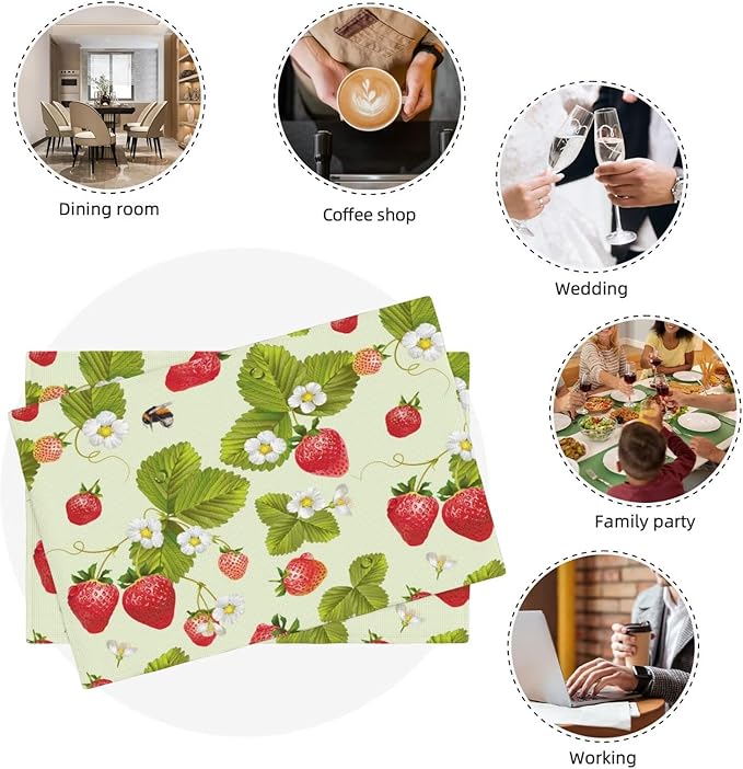 Fruit Linen Placemats Set of 4 Strawberry Plants Flowers Placemats for Indoor Outdoor Party Home Desktop Kitchen Dining Room Decor 12x18 Inch