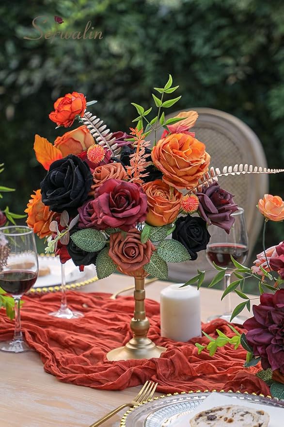 Serwalin Artificial Flowers Black Orange Fall Flowers Halloween Black Wedding Flowers for DIY Wedding Bouquets Bridal Shower Centerpieces Floral Arrangements Party Home Decor