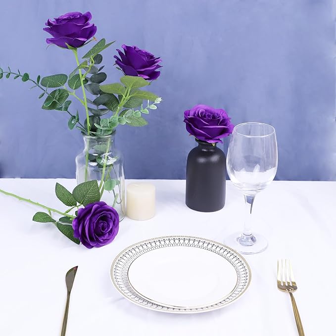 Artificial Rose Flower Artificial Flowers Flower with Long Stem Silk Roses Bouquet for Wedding Bridal Shower Party Home Decoration (Purple, 12 Pcs)