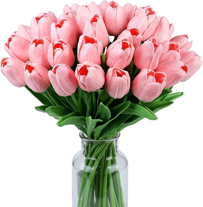SITUMEIZI 15pcs Pink Tulips Fake Artificial Flowers Real Touch 14" Silk Flower for Home Kitchen Decor Spring Easter Wedding Bouquet Decorations Office Valentine's Day Gifts