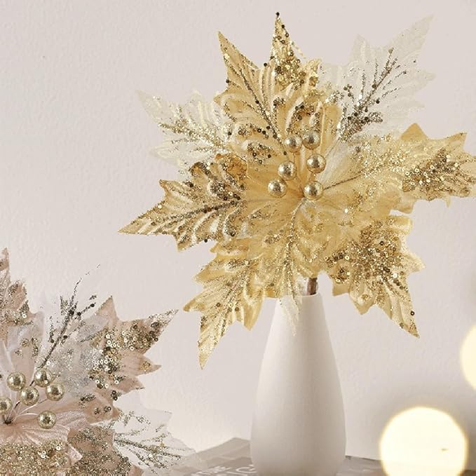 Artificial Flannel Sequin Christmas Flower Ornament, 30x35cm Glitter Holiday Tree Decoration for Wreaths Garlands and Party Arrangements Champagne