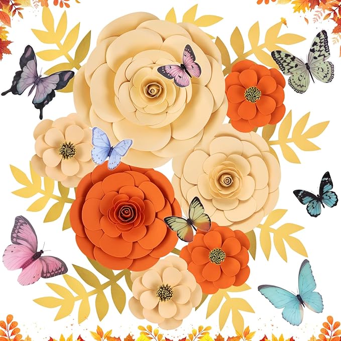 Large Paper Flowers Decorations for Wall, Artificial 3D Flower Wall Decor with Butterfly Sticker Orange Champagne Floral Wall Decal for Classroom Spring Garden Tea Bulletin Board Decorations