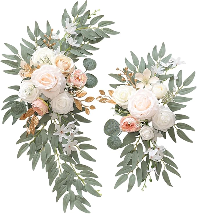 Faux Flower Swag Set of 2, Champagne Artificial Flowers Swags for Wedding Arch, Wedding Welcome Signs, Welcome Reception Ceremony Signs Decorations