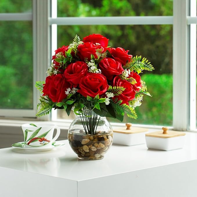 ENOVA FLORAL 18 Heads Silk Rose Artificial Flowers in Vase,Faux Rose Flowers Arrangement in Round Bowl Vase with Faux Water and River Rock for Table Decor Centerpieces (Red)