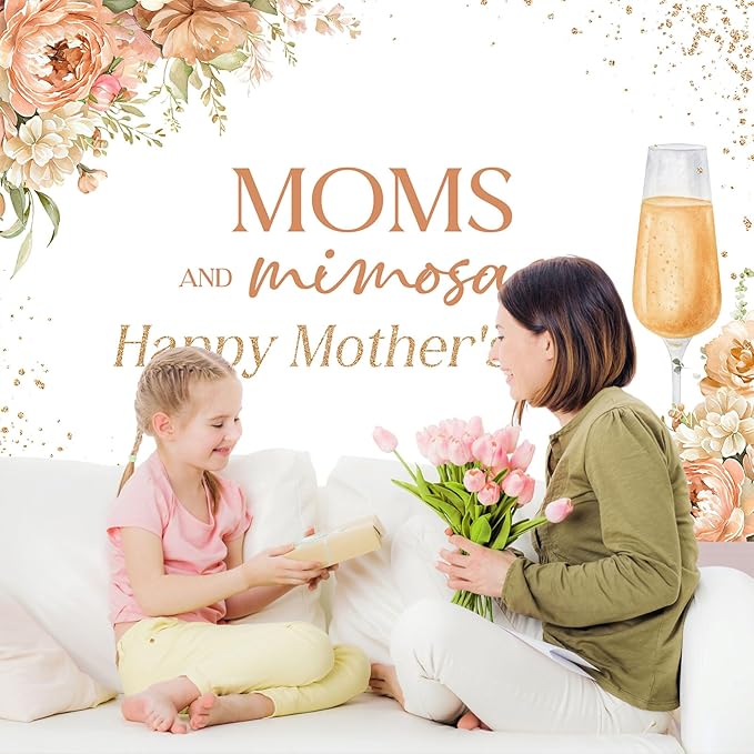 Happy Mother's Day Backdrop Moms and Mimosas Champagne Glass Blush Pink Floral Photography Background Mother's Day Brunch Party Decoration Supplies Banner Photo Booth Studio Props 7x5ft