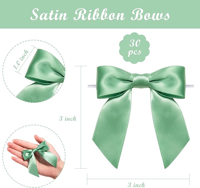 WRAPAHOLIC 30 Pcs 3" Sage Green Satin Ribbon Bows with Twist Tie - Pretied Premade Craft Bows for Christmas Party Crafts Treat Bags Gift Wrapping Wedding Birthday Baby Shower