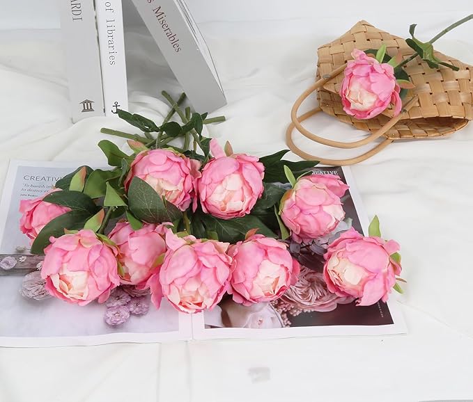 10pcs Pink Peonies Artificial Flowers Fake Silk With Single Stem for Wedding Table Centerpieces Home Decorations Bridal Bouquets Floral Arrangements (Deep Pink)