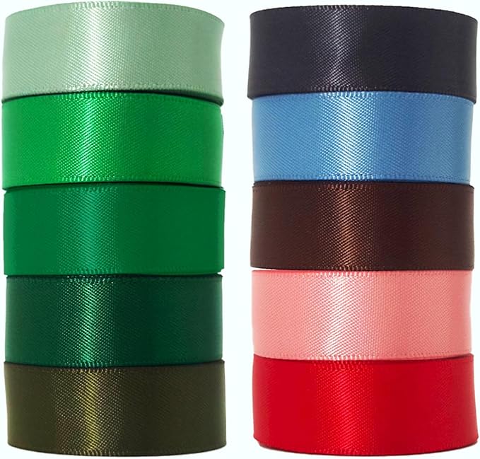 Green Satin Ribbon 1 Inch, 50 Yards Double Faced Pack,10 Natural Colored Ribbon Bulk for Gift Wrapping, Crafts, Flower Bouquet, Christmas, Eco Environment, Earthy Day, Forest Wedding