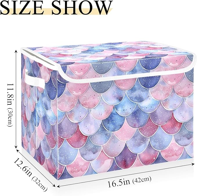 senya Baskets Collapsible Storage Bins with Lids, Purple Watercolor Mermaid Scales Storage Boxes Clothes Baskets for Organizing