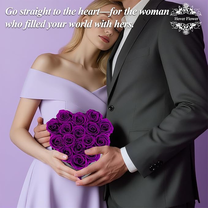 16 Forver Preserved Flowers in a Heart Box, Flowers for Her,Eternal Roses Flowers for Delivery Prime, Flowers Birthday Gifts for Women Mom Grandma Wife - Purple