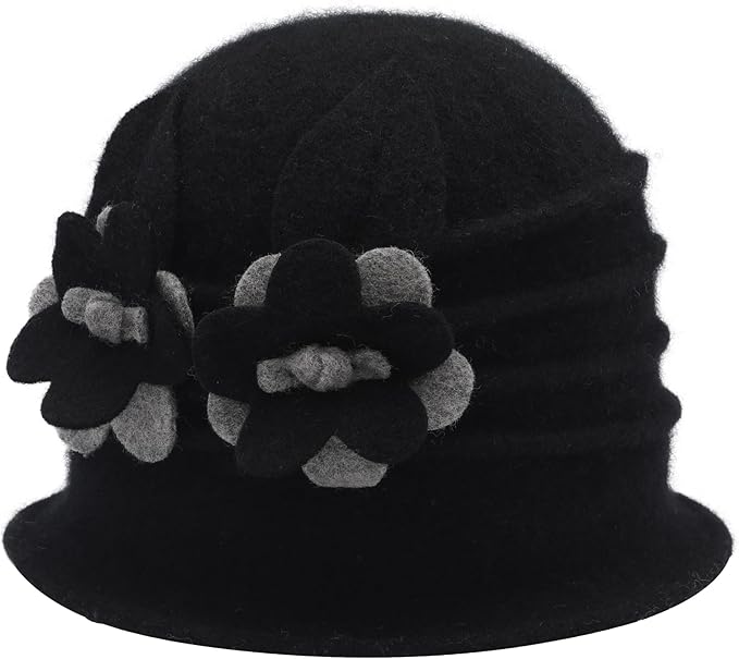 ZLYC Women Wool Cloche Bucket Hat 1920s Vintage Dress Winter Hats with Flower Accent
