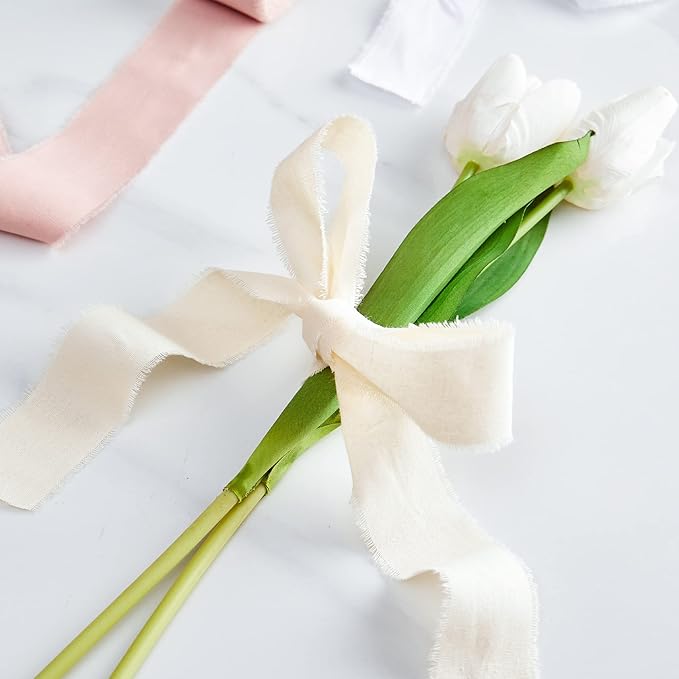 Keypan Pink White Ribbon 1-1/2 x 15 Yards Handmade Cotton Frayed Fringe Fabric Ribbons for Crafts Flower Bouquets Wedding Baby Shower Home DIY Decor