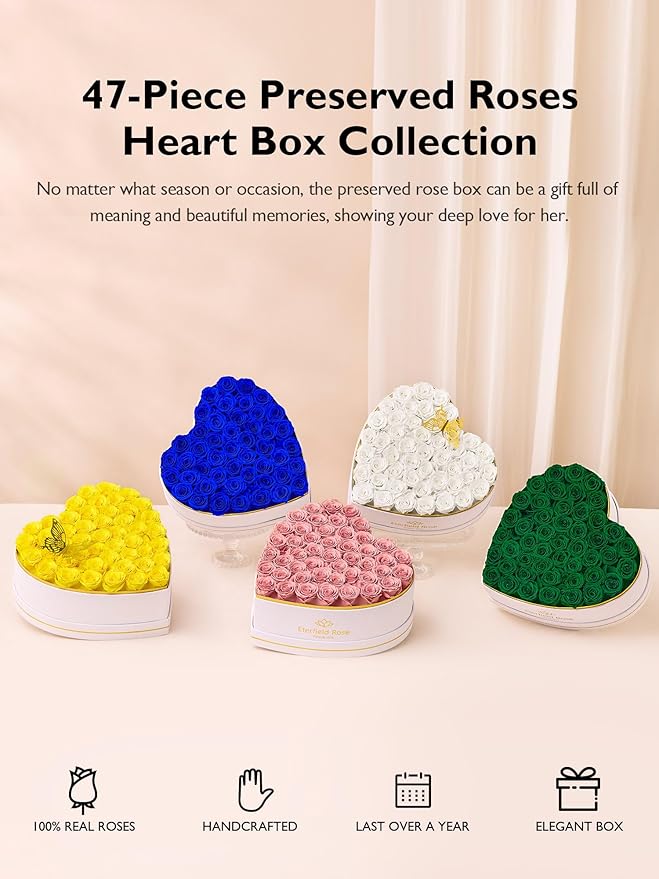 Eterfield 47 Forever Flowers in Heart Shape Box, Preserved Roses That Last a Year Preserved Flowers Birthday Gifts for Her Mom Women Wife Anniversary Valentines Day Mothers Day Christmas, White