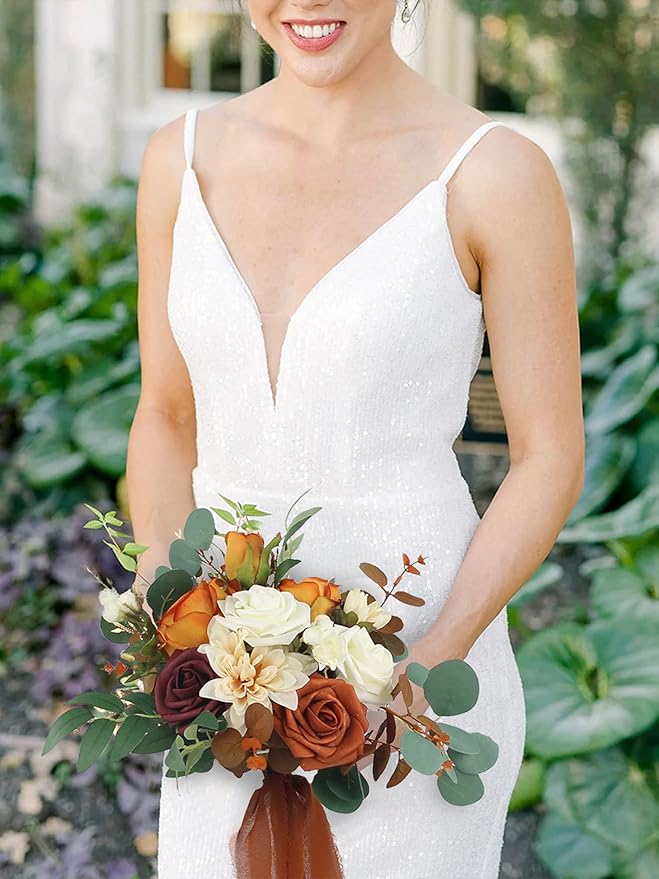 Rinlong 1Pc Fall Wedding Bouquets for Bridesmaids Bride Terracotta Artificial Bridesmaid Bridal Bouquet for Wedding Prom