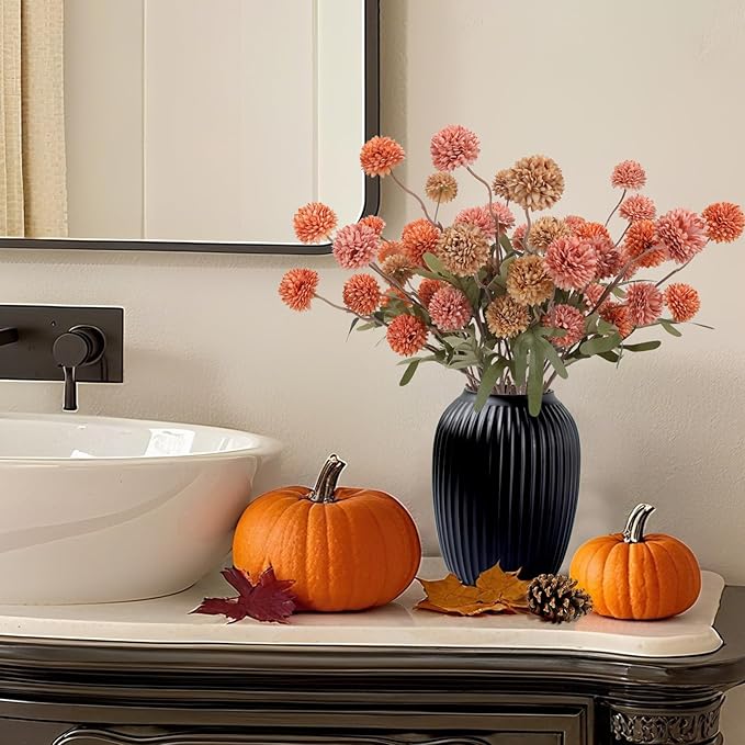 Geegoods 10 Stems Silk Pompon Mum Artificial Flowers with 2 Eucalyptus – 21’’ Long Stem Faux Chrysanthemums for Vase Arrangements, Rustic Farmhouse Fall Centerpieces & Autumn Décor