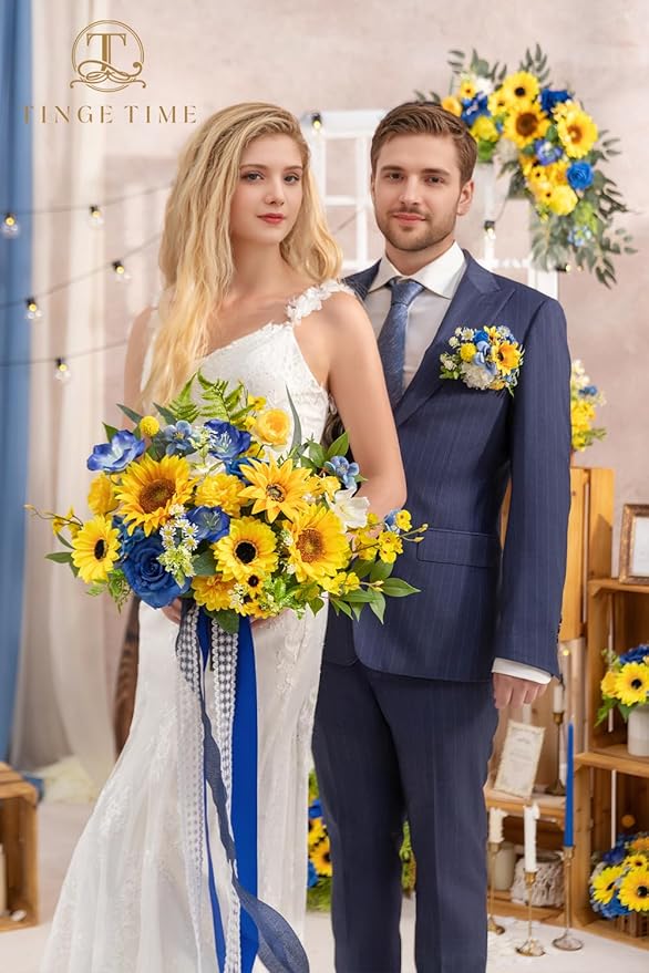 TINGE TIME 13 InchWedding Bouquets for Bride,Bridal Bouquet for Bride, Artificial Silk Sunflowers for Graduation Bouquet, Fake Flowers for Wedding Ceremony and Anniversary (Sunflower&RoyalBlue)