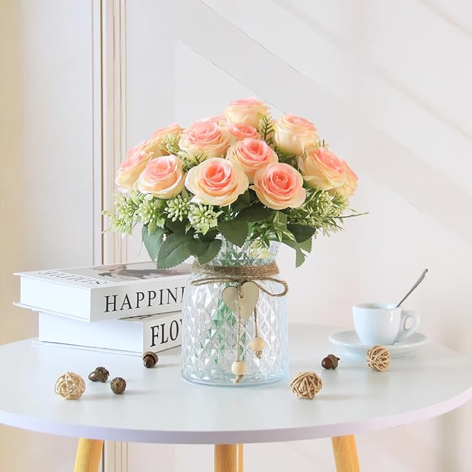 Fake Flowers in Vase,Fake Flowers with Vase 18 Pcs Faux Rose Flowers,Artificial Flowers for Home Decor, Indoor Centerpiece for Living Room & Dining Table (Pink)