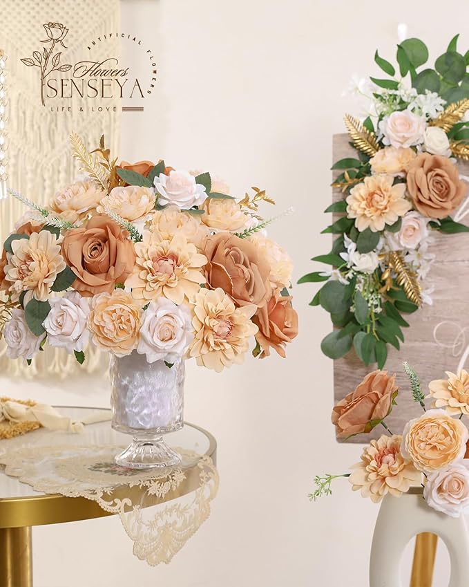 Senseya Artificial Flowers Combo, Nude Color Silk Roses, Peonies, Dahlias with Stems for DIY Wedding Bouquets, Baby Shower, Table Centerpieces, Home Decor, Fake Floral Arrangements, Party Decorations