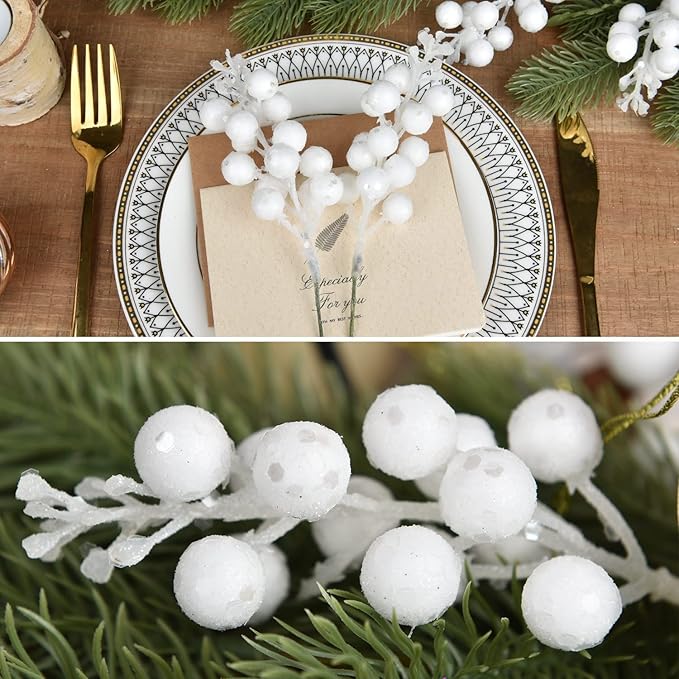 Lvydec 16pcs Christmas Glitter Berry Stems Clearance, 7.8" Artificial Christmas Picks for Christmas Tree Ornaments, DIY Xmas Wreath, Crafts, Holiday and Home Decor (White)