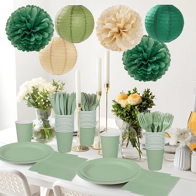 Sage Green Paper Flowers Tissue Pom Poms Honeycomb Lanterns 15pcs Party Decorations Boho Birthday Wedding Baby Bridal Shower Neutral Bachelorette Graduation Safari Hanging Supplies Mprocherify