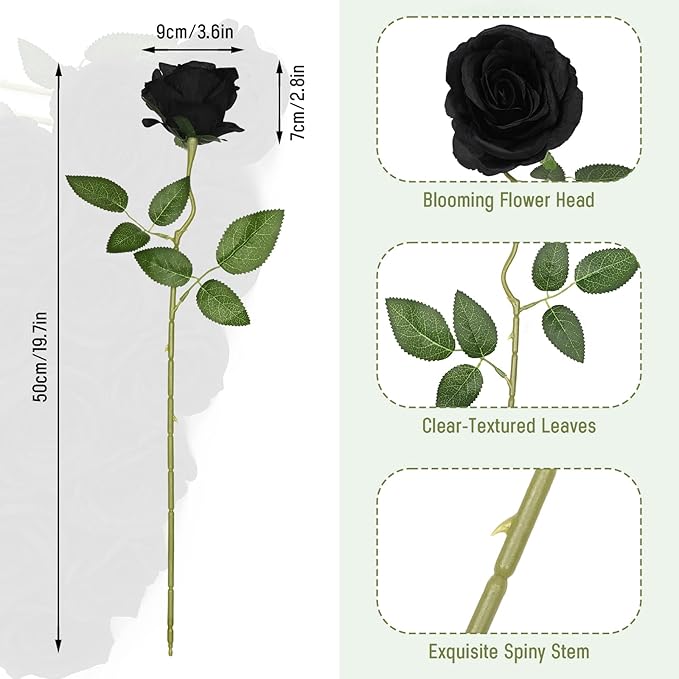 Waipfaru 8 Pcs Artificial Flowers Fake Silk Black Roses Bulk, Faux Real Touch Roses Bouquet with Long Stem for Wedding Party Home Decor (Black)