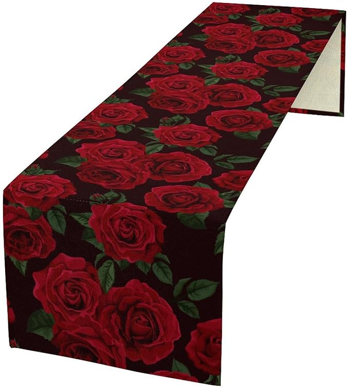 Red Rose Table Runner,Romantic Spring Summer Seasonal Table Runner for Indoor Outdoor Holiday Home Wedding Party 13x70 Inch