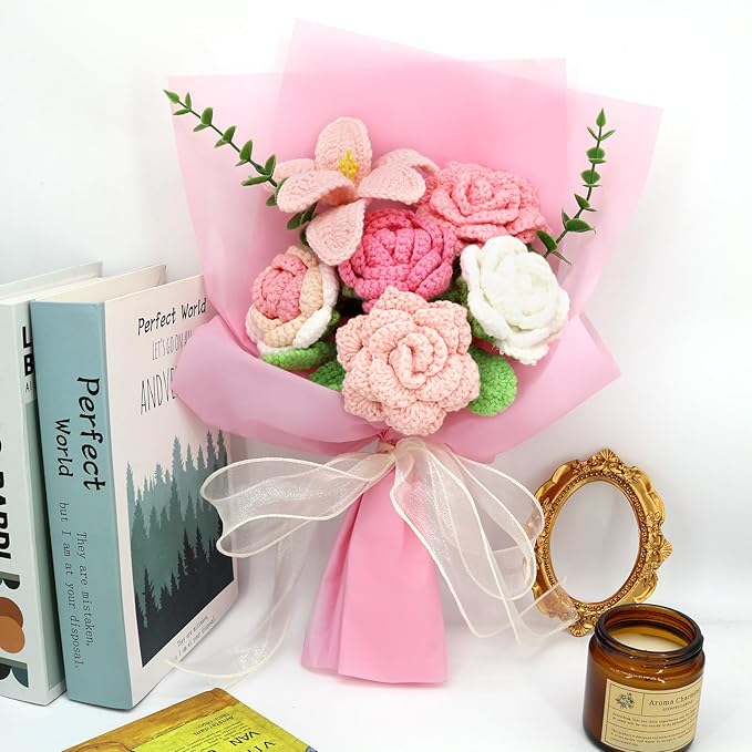 Handmade Crochet Sunflowers Rose Daisy as a Gift for Lover, Family,Friends. Crochet Bouquet, Crocheted Yarn Flowers, Artificial Flower Finished Bouquet (Pink)
