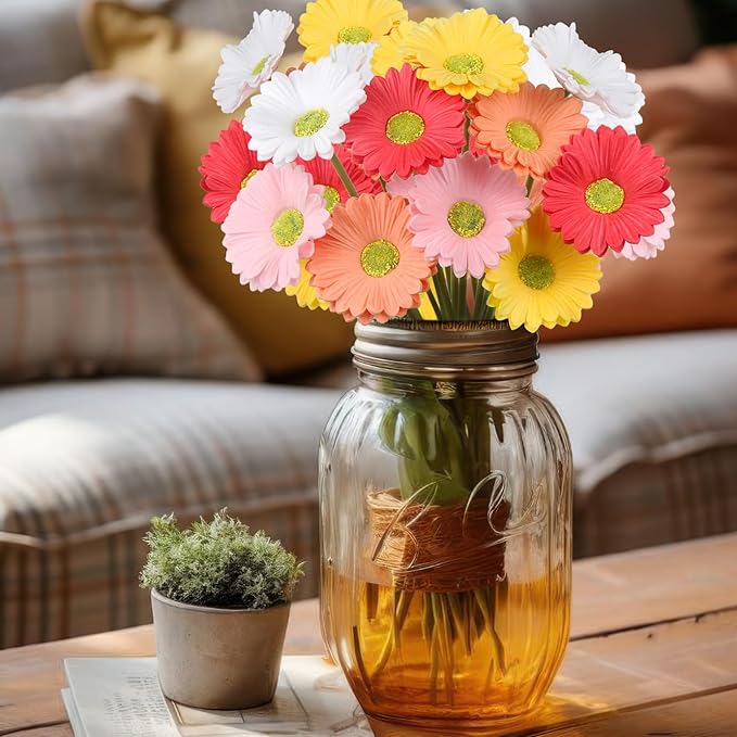 10 Pcs Artificial Gebera Daisies Flowers Fake Daisies Real Touch Flower PU Faux Flowers Bouquet for Indoor Home Arrangements Vase Wedding Party Table Centerpiece DIY Floral Decor Multicolor