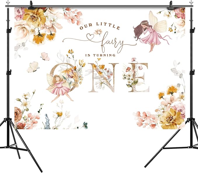 Floral Fairy 1st Birthday Backdrop for Photography Flowers Fairy Tale Tea Wonderland Princess Girl Happy First Birthday Party Background Decoration Banner Supplies Photo Booth Props 7x5ft