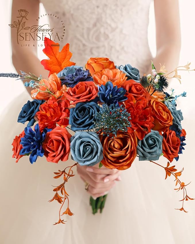 Senseya Artificial Flowers Combo, Teal Orange Silk Roses, Peonies, Dahlias with Stems for DIY Wedding Bouquets, Baby Shower, Table Centerpieces, Home Decor, Fake Floral Arrangements, Party Decorations