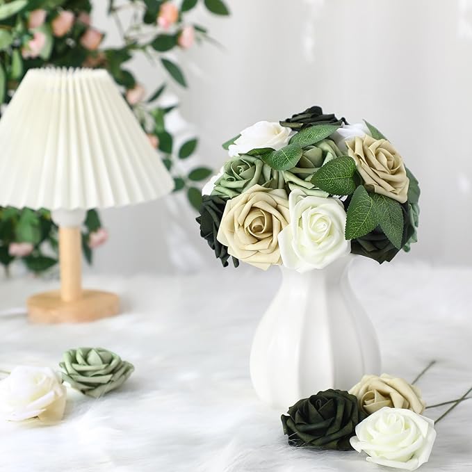 100 Pieces Artificial Foam Rose Flowers Faux Bouquet with Leaves and Stems for DIY Wedding Bouquets Centerpieces Bridal Shower Party Valentine Home Decorations (Shades of Emerald)