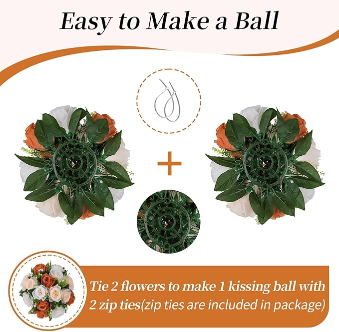 BLOSMON Flower Balls for Centerpieces Decoration: 2 Pcs Terracotta Artificial Rose Kissing Balls for Table - Fall Fake Silk Floral Bouquet with Base Arrangements for Home Party Room DIY Decor