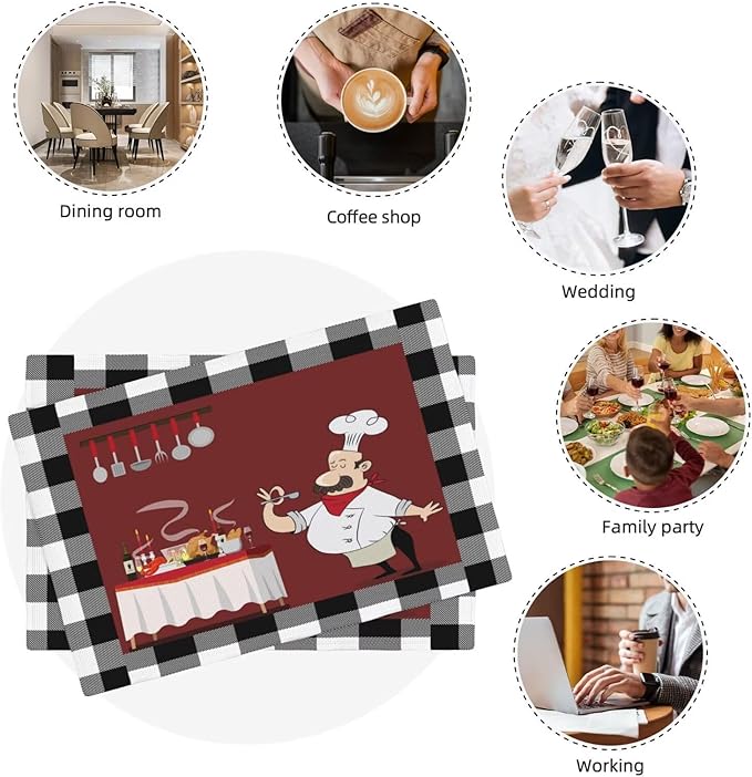 Chef Kitchen Linen Placemats Set of 6 Black White Buffalo Plaid Cooking Theme Placemats for Indoor Outdoor Party Home Desktop Dining Room Decor 12x18 Inch