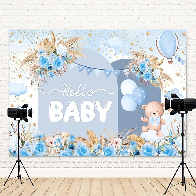 7x5ft Hello Baby Backdrop Blue Gold Boho Floral Bear Baby Shower Photography Background Balloon Stars Clouds Banner Decorations Welcome Newborn Celebration Party Portrait Photo Booth Prop