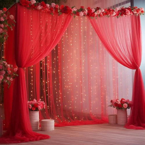 10ft x 8ft Red Backdrop Curtain with Lights String for Parties, Sheer Tulle Wedding Photo Backdrops Drapes for Baby Shower Birthday Party Decorations Background for Photography
