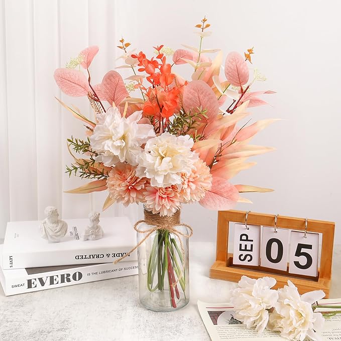 Fake Flowers Faux Flowers in Vase, Artificial Flowers with Vase, Floral Arrangements Artificial Plants Boho Silk Flowers Bouquet for Home Decor Indoor Dining Table Centerpieces Decorations (Champagne)