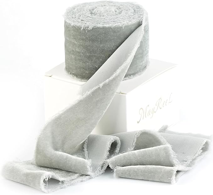 MAYREEL 2 Inch Silver Velvet Ribbon Hand Torn Light Gray Silk Frayed Edge for Bridal Bouquets Invitations Wedding Vow Books Gift Baskets Hair Bows 3 Yards