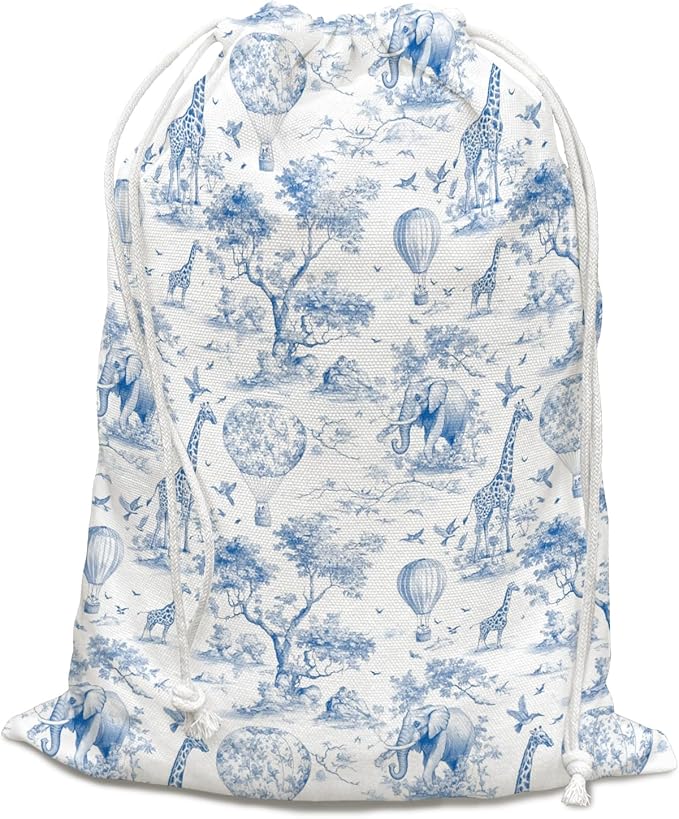 DSHFG Blue Safari Toile Chinoiserie Birthday Drawstring Gift Wrap Bags, Chinoiserie Animal Baby Shower Drawstring Gift Bags Canvas, Blue and White Small Happy Birthday Bag, Gifts for Women, 10x13 Inch