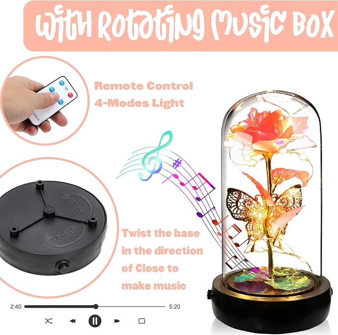 Birthday Rose Flower Gifts for Women, Glass Flower Gift for Mom from Daughter Son, Rose Gold Light Up Rose in Glass Dome with Music Box for Her Wife Grandma