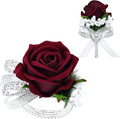 2Pcs Burgundy Rose Corsage and Boutonniere Set, Artificial Wrist Corsage Wristlet Bracelets, Men Boutonniere for Wedding Party Formal Dinner Flowers Accessories Prom Decorations