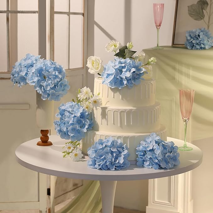 Veryhome 20Pcs Blue Hydrangea Artificial Flowers, Faux Hydrangea Flowers, Silk Flowers Heads with Stems, Fake Hydrangeas for Home Decor Wedding Party Centerpieces DIY Floral Arrangements