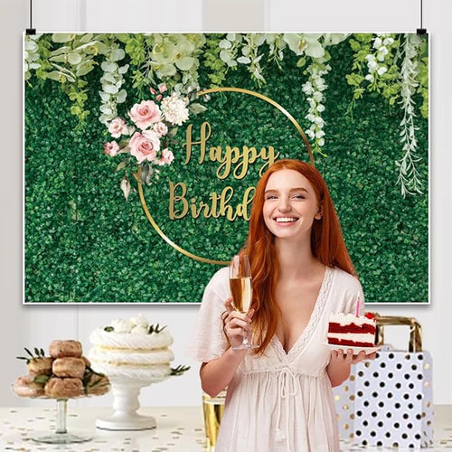 10x6.5ft Happy Birthday Backdrop Green Grass Flowers Wall Greenery Green Leaves Nature Botanical Photography Background Birthday Party Anniversary Portrait Studio Photo Props Polyester