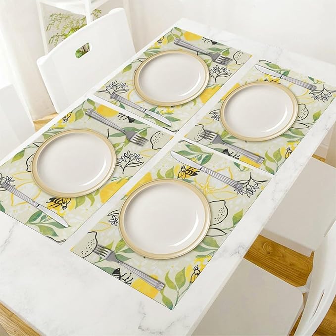 Lemon Table Placemats Set of 4 Farm Food Bee Animal Flower Placemat Set Farmhouse Kitchen Dining Holiday Party Waterproof Washable Table Mats for Kitchen Dining Decoration 4 PCS