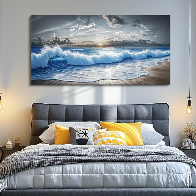 PHAOHUAXM Large Canvas Printed Artworks Mural Wall Decor For Living Room Wall Art For Bedroom Office Decor Black White And Blue Ocean Wave Landscape Painting Modern Home Decor Ready To Hang 30"X60"
