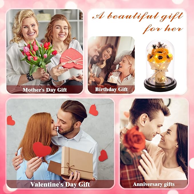 Christmas Sunflower Gifts for Mom-Preserved Artificial Rose Flower Gifts for Women Friends Sister Sunflower Gifts for Her,Light Up Rose in A Glass Dome-Thankgiving Xmas Birthday Valentines Anniversary