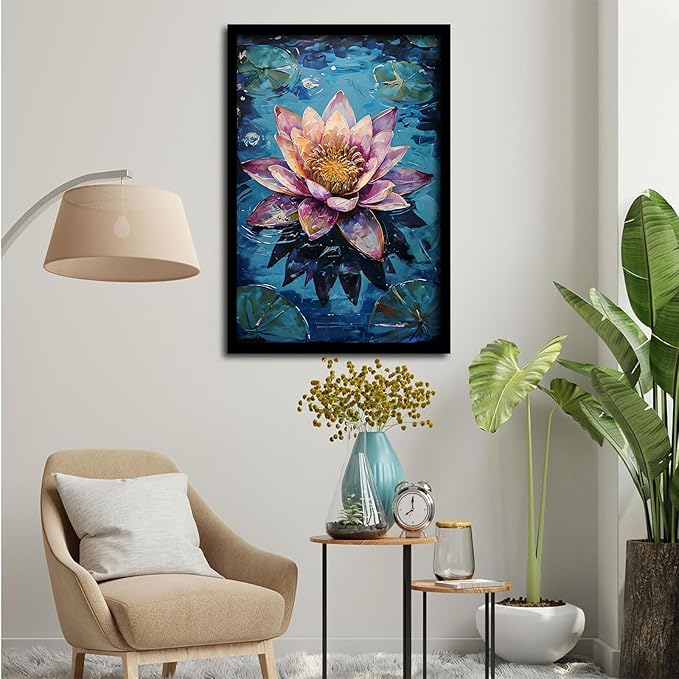 Gorgeous pink and purple water lilies on deep blue water Eye-catching oil painting Serene aquatic wall art for modern home decor 16x24in Metal blackFramed