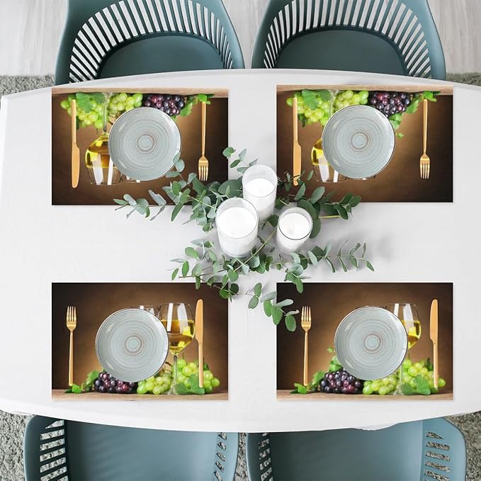 PVC Placemats Set of 6 Grape Red Wine Glass Wipeable Table Mats Washable Heat Resistant Non Slip Vinyl Dining Table Mat for Kithen Indoor Outdoor Patio Farmhouse Place Mats Decorative