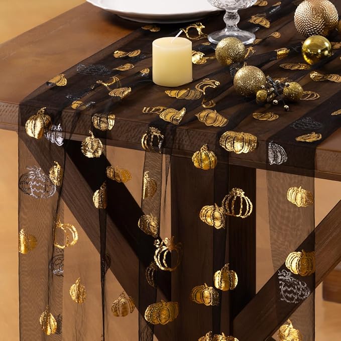 Socomi Gold Table Runner Fall Pumpkin Gauze Sheer Chiffon Cheesecloth Sequin 10FT Glitter Metallic Foil Dining Wedding Birthday Party Baby Shower Holiday Centerpiece Table Decor Black